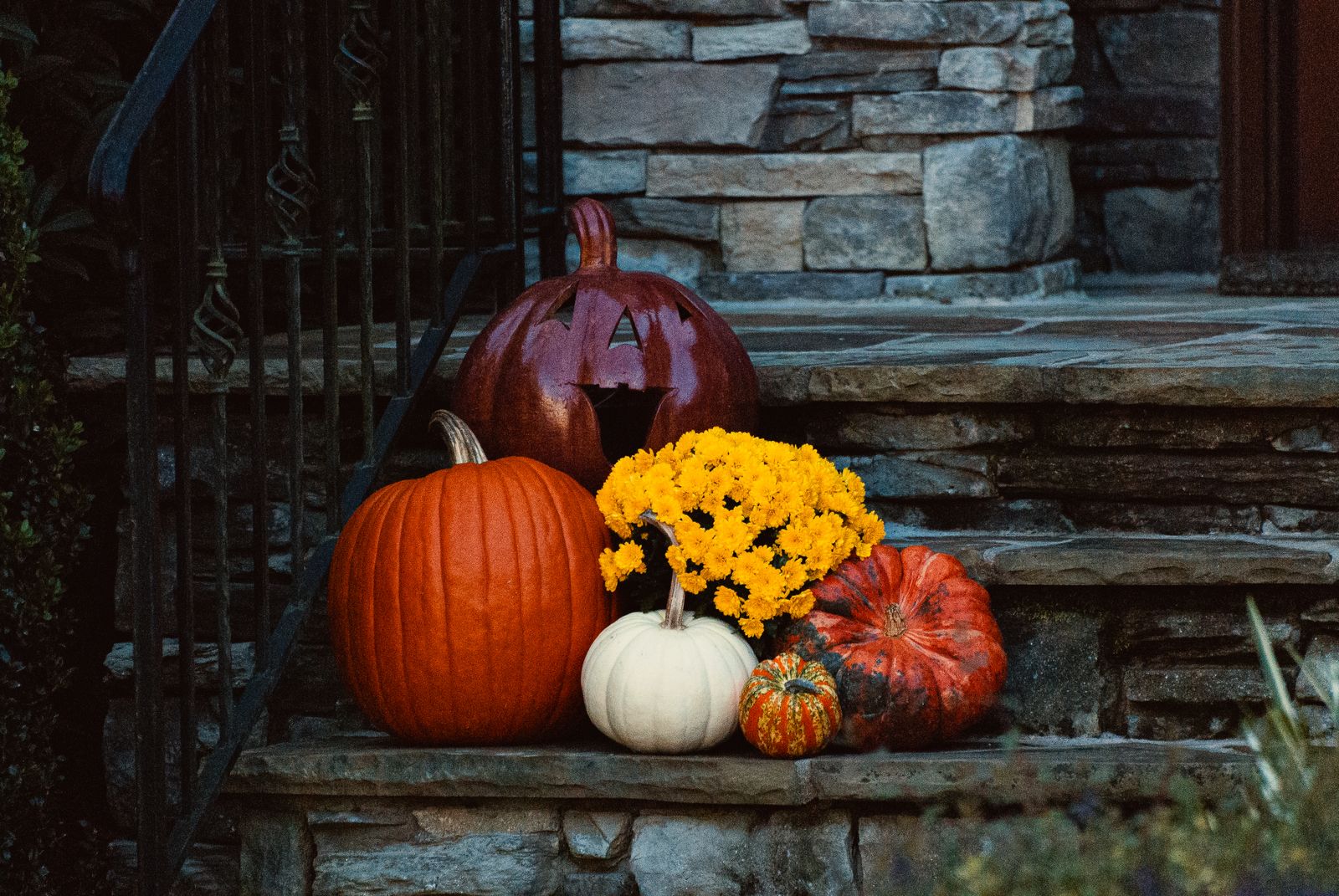 Pumpkins and yellow mums on stone porch steps in autumn, photographed by Mike Loerop