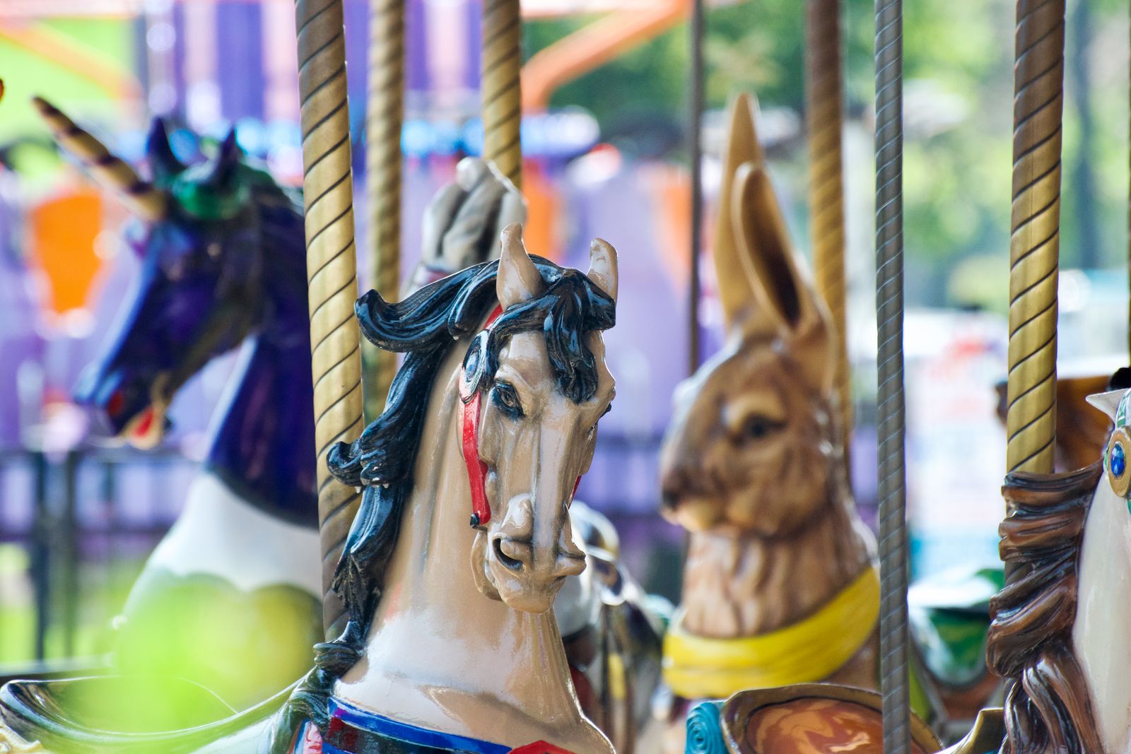 Painted carousel horses and a rabbit, photographed by Mike Loerop