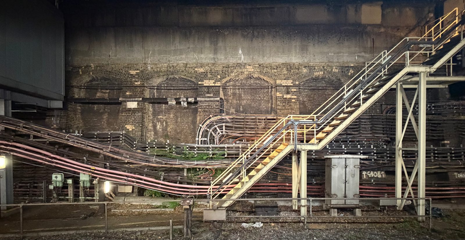 A yellow-railed metal staircase rising over bundled cables along a brick tunnel wall on the London Underground at night, photographed by Mike Loerop